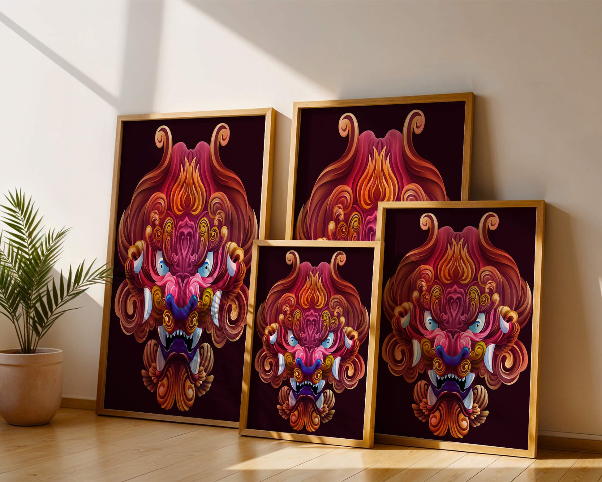 Intricate Colorful Dragon Face Illustration with Swirling Patterns
