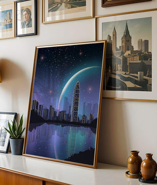 Paisaje urbano futurista bajo un cielo estrellado