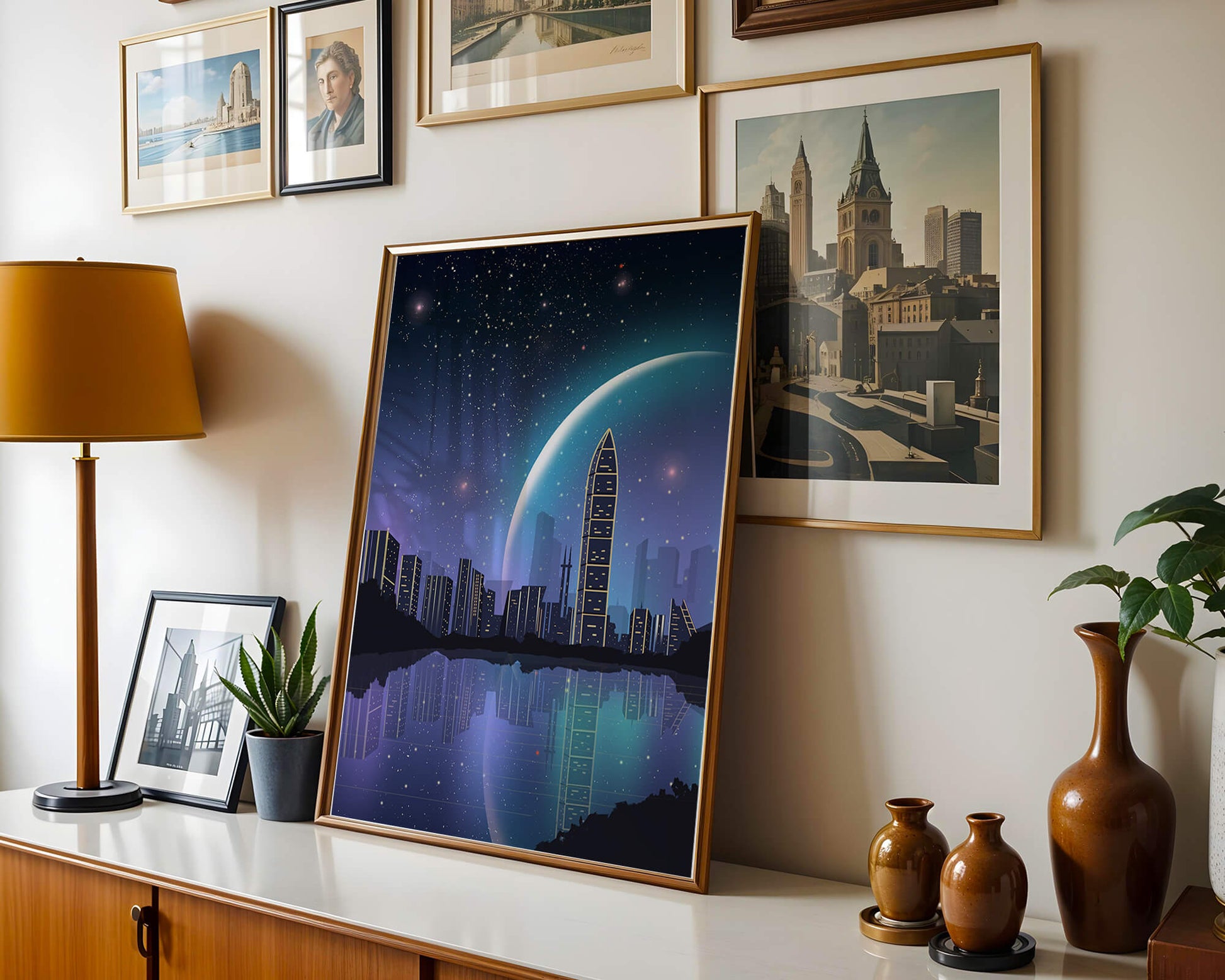 Futuristic cityscape under a starry night sky