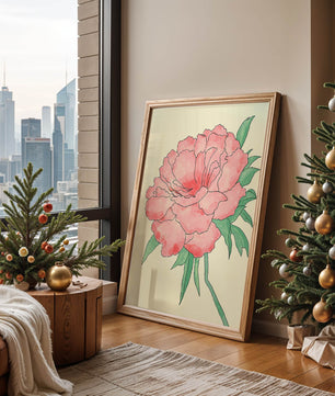 Delicate Pink Peony with Green Leaves Illustration