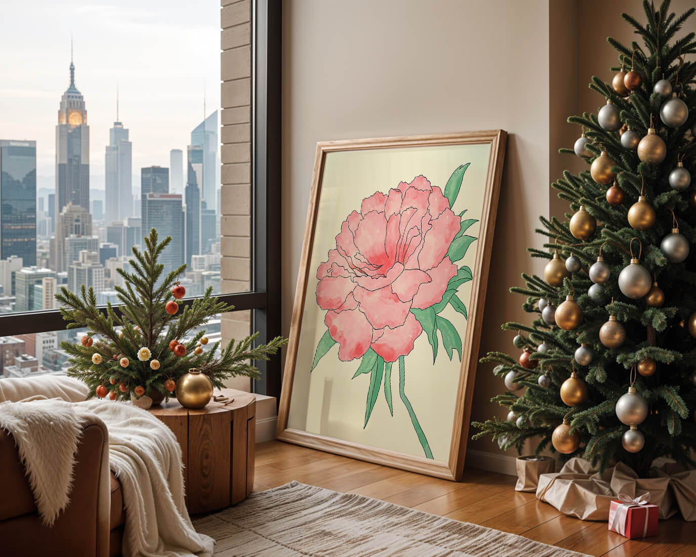 Delicate Pink Peony with Green Leaves Illustration