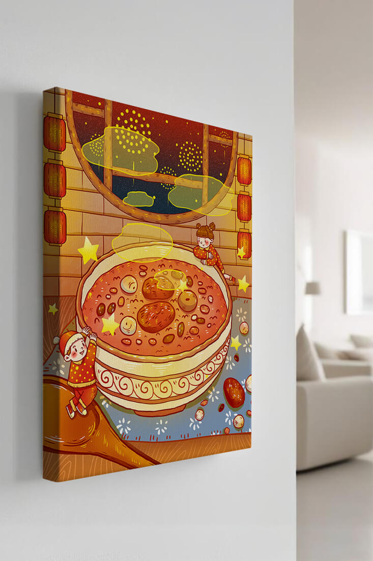 Cozy festive scene with children, a large bowl of soup, and lanterns