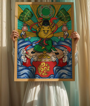 Colorful illustration of a mythical creature with traditional elements and vibrant colors