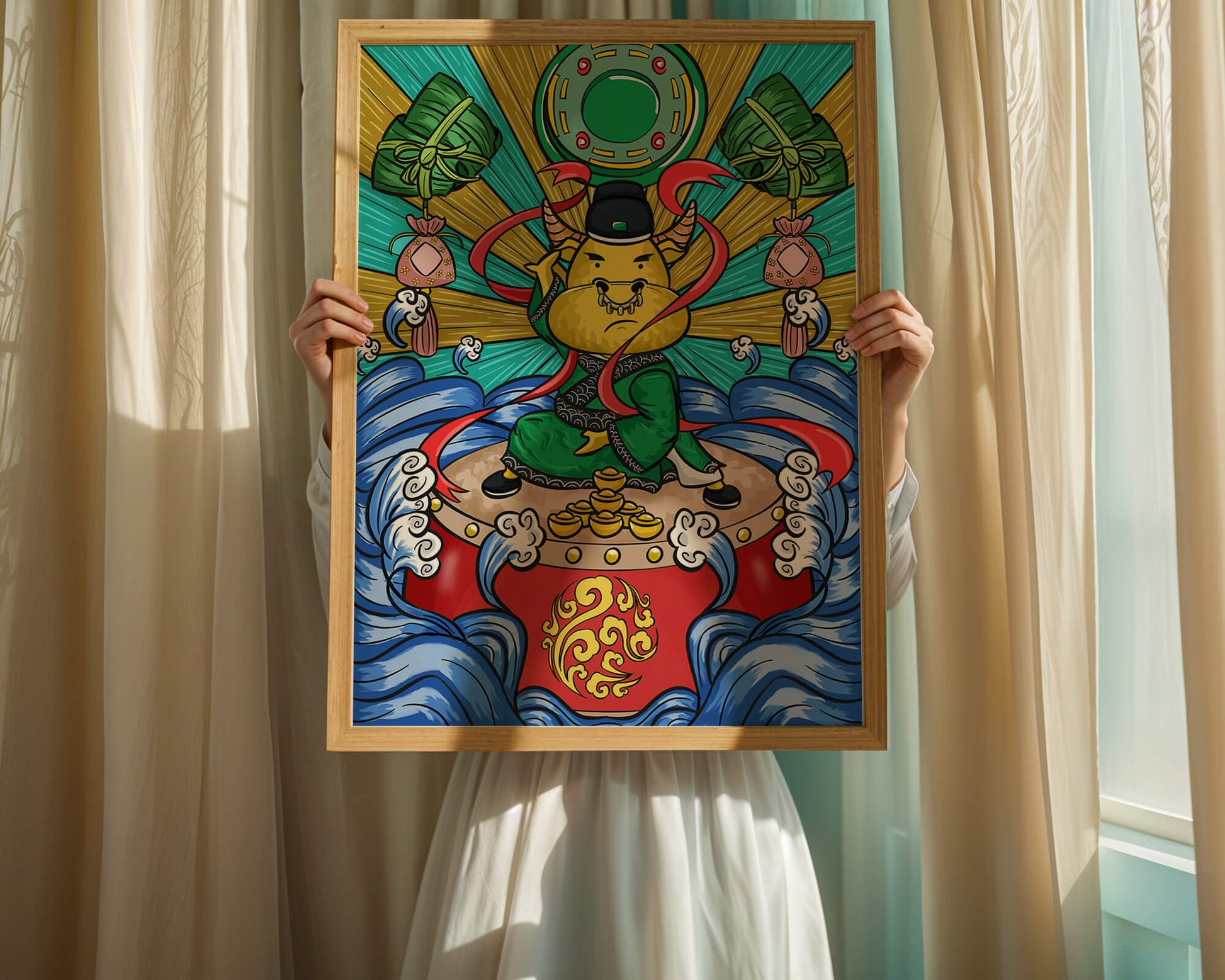 Colorful illustration of a mythical creature with traditional elements and vibrant colors