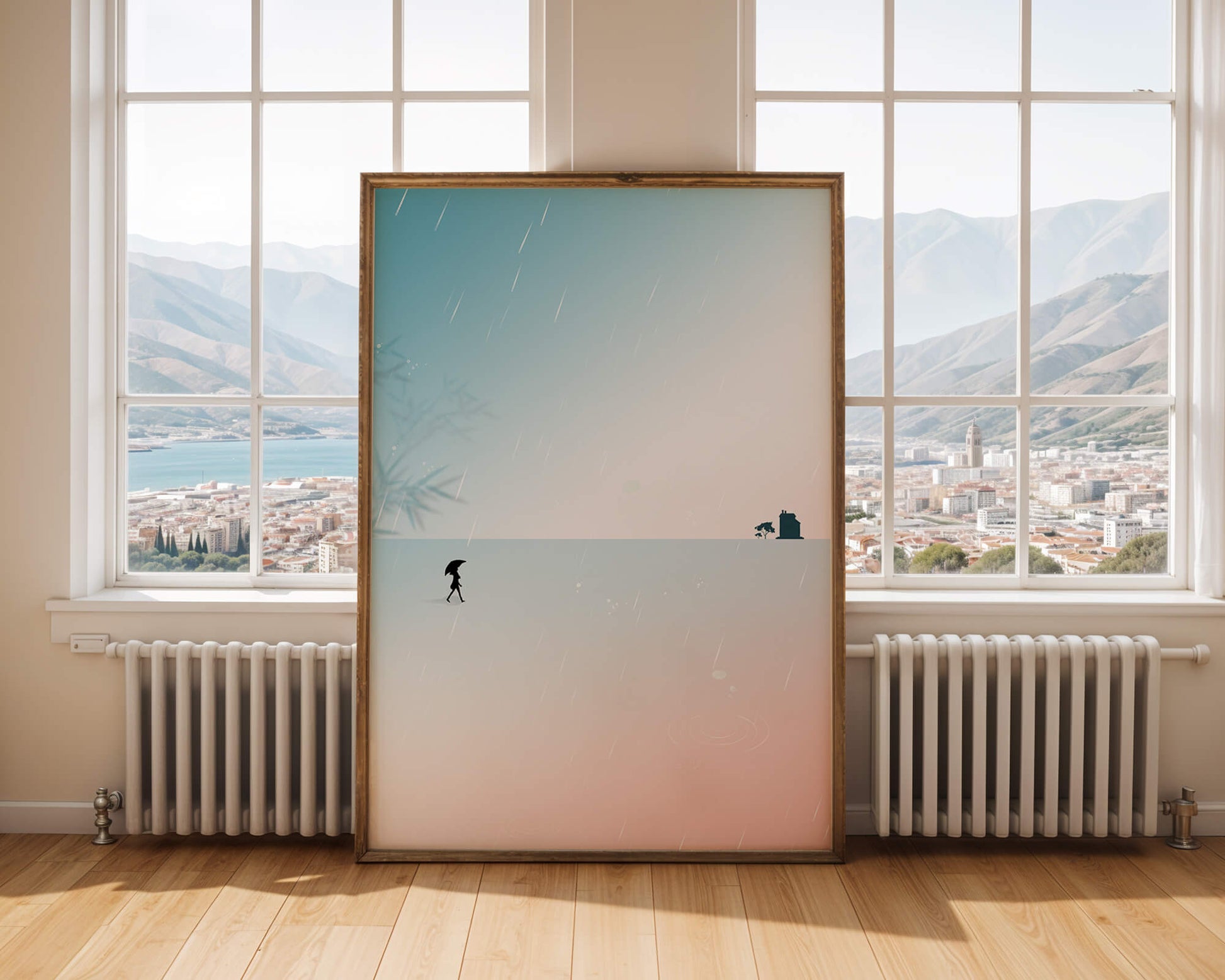 Paisaje Minimalista con Silueta en Ambiente Lluvioso