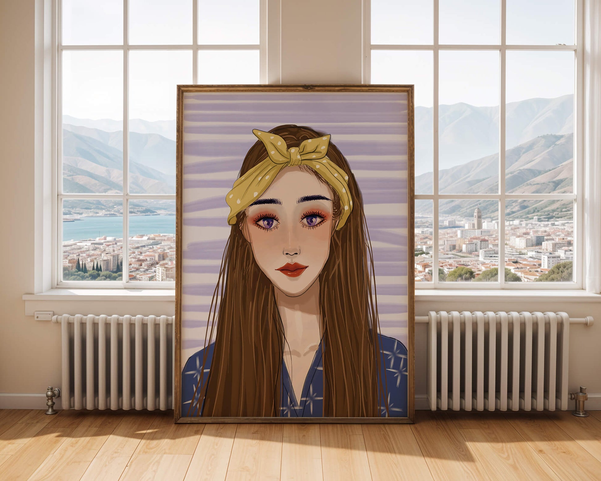 Illustration of a woman with a yellow headband against a striped background