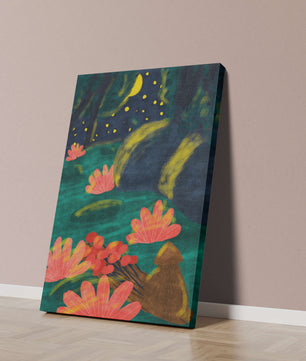 Mystical night garden with bright flowers and starlit sky