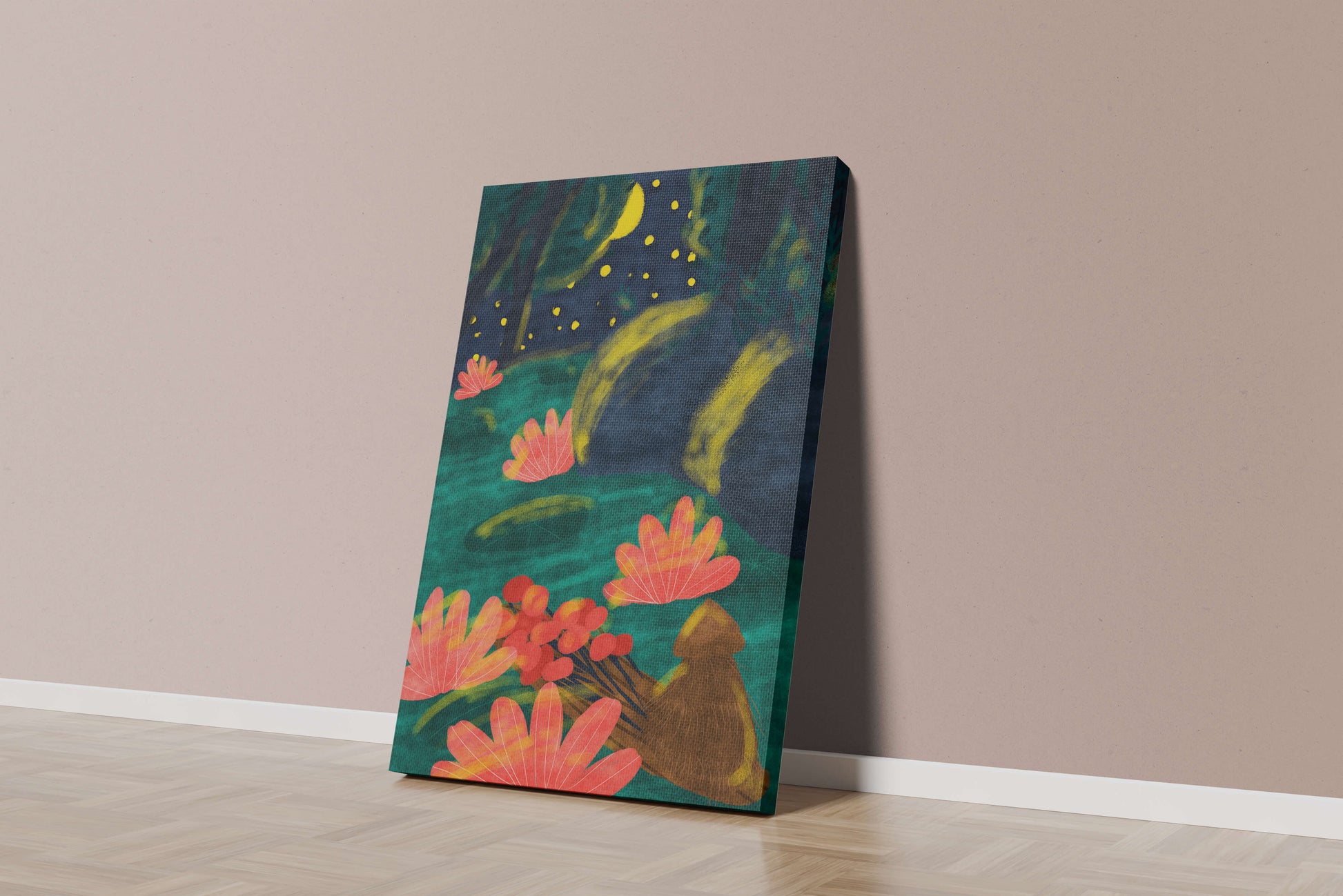 Mystical night garden with bright flowers and starlit sky