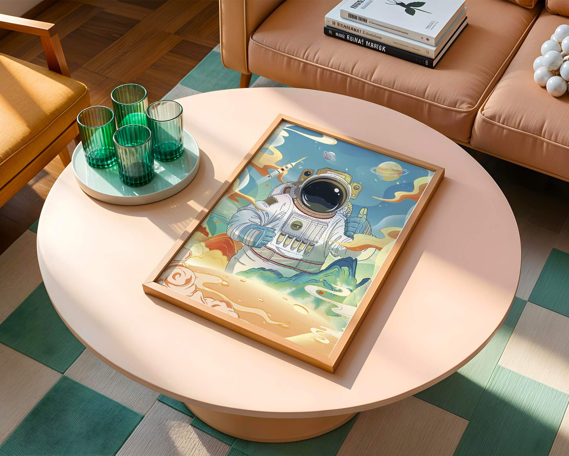 Colorful illustration of an astronaut in space with planets and rocket