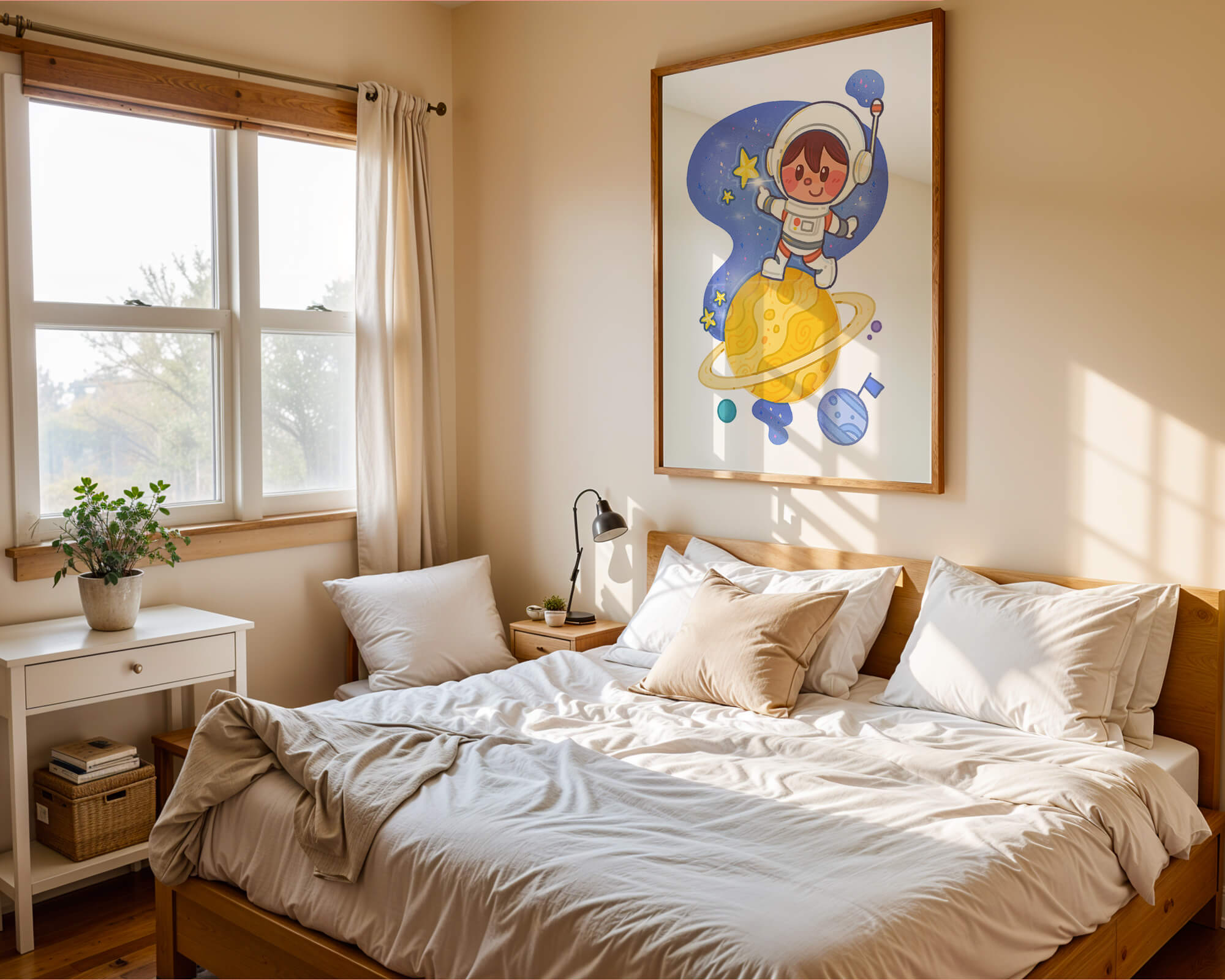 Adorable astronaut illustration with planets and stars for children's room