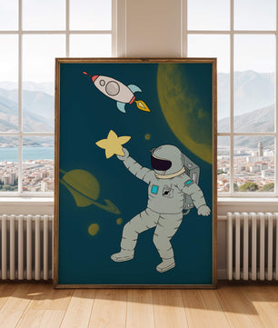 Astronaut Reaching for Star with Rocket and Planets in Space Scene - Mi tienda