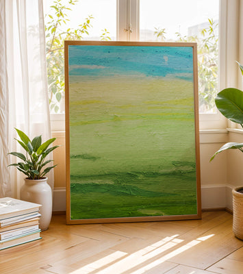 Abstract Landscape with Blue Sky and Green Fields