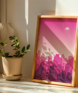 Skyline urbano al anochecer con degradado rosa y noria