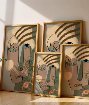 Retrato abstracto con formas geométricas y tonos terrosos