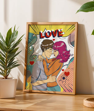 Ilustración de pop art romántico con pareja abrazándose y texto de amor