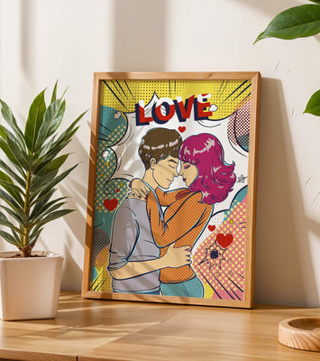 Romantic Pop Art Illustration with Embracing Couple and Love Text