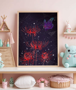 Vivid Night Sky with Red Spider Lilies and Purple Butterfly - Mi tienda