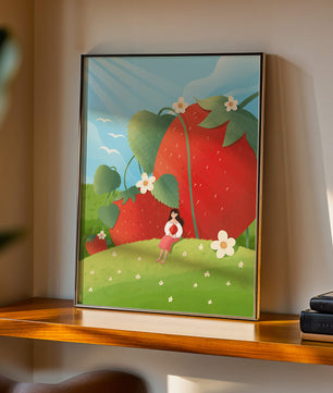 Paysage serein avec d'énormes fraises et une femme dans une prairie en fleurs