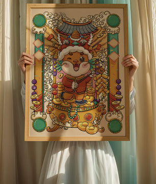 Bunte Illustration eines niedlichen Tieres in traditioneller Festtagskleidung mit goldenen Elementen