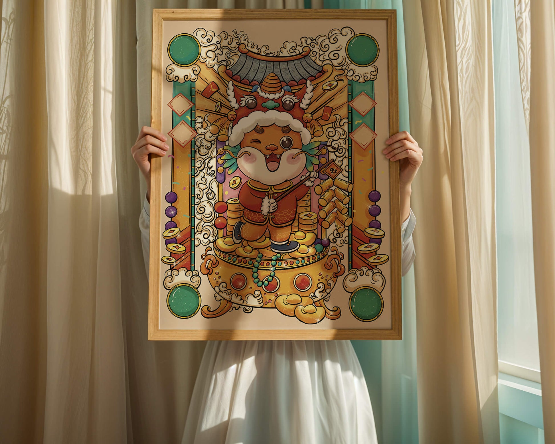 Ilustración colorida de un animal lindo en atuendo festivo tradicional con elementos dorados