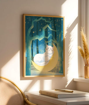 Cat sleeping on the moon in an enchanted forest under the starry sky