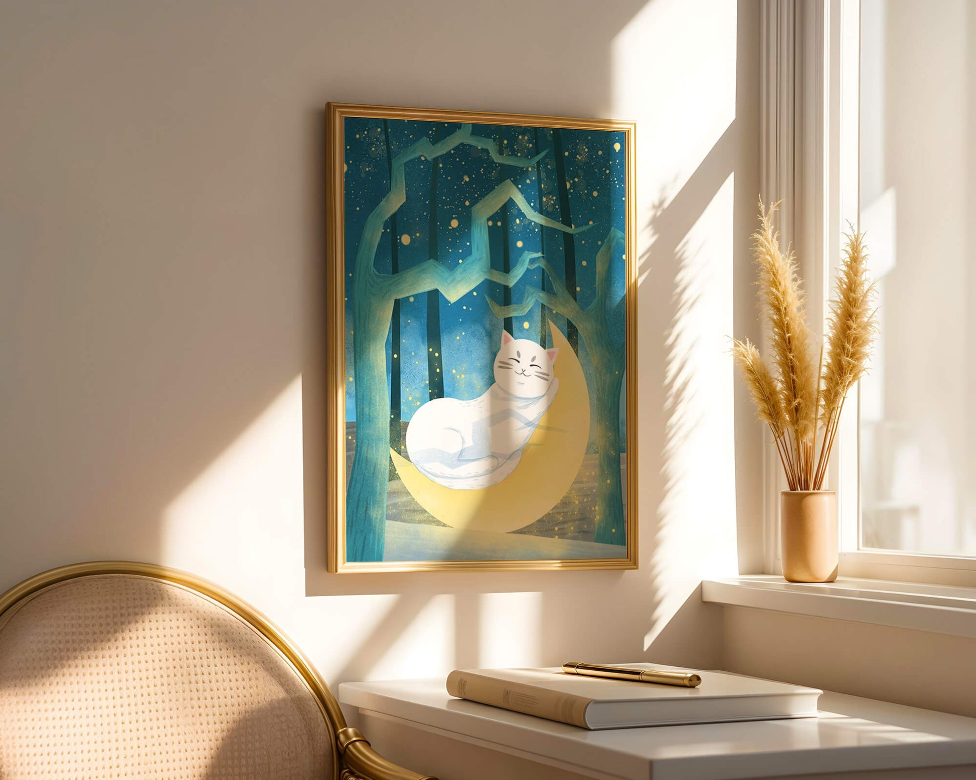 Cat sleeping on the moon in an enchanted forest under the starry sky