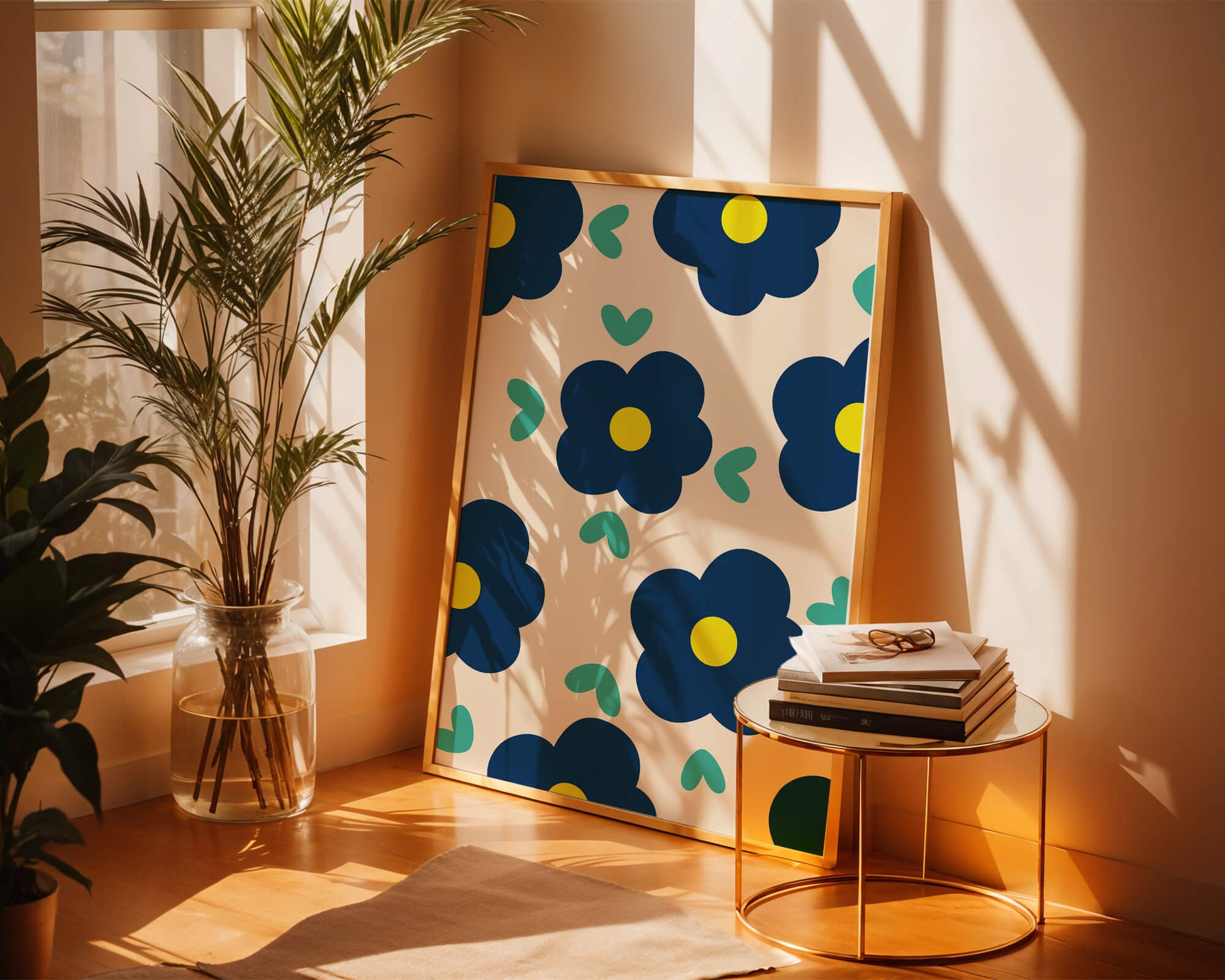 Blue floral pattern with yellow centers on cream background