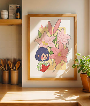 Illustration d'une fille lisant avec de grands lys roses en arrière-plan