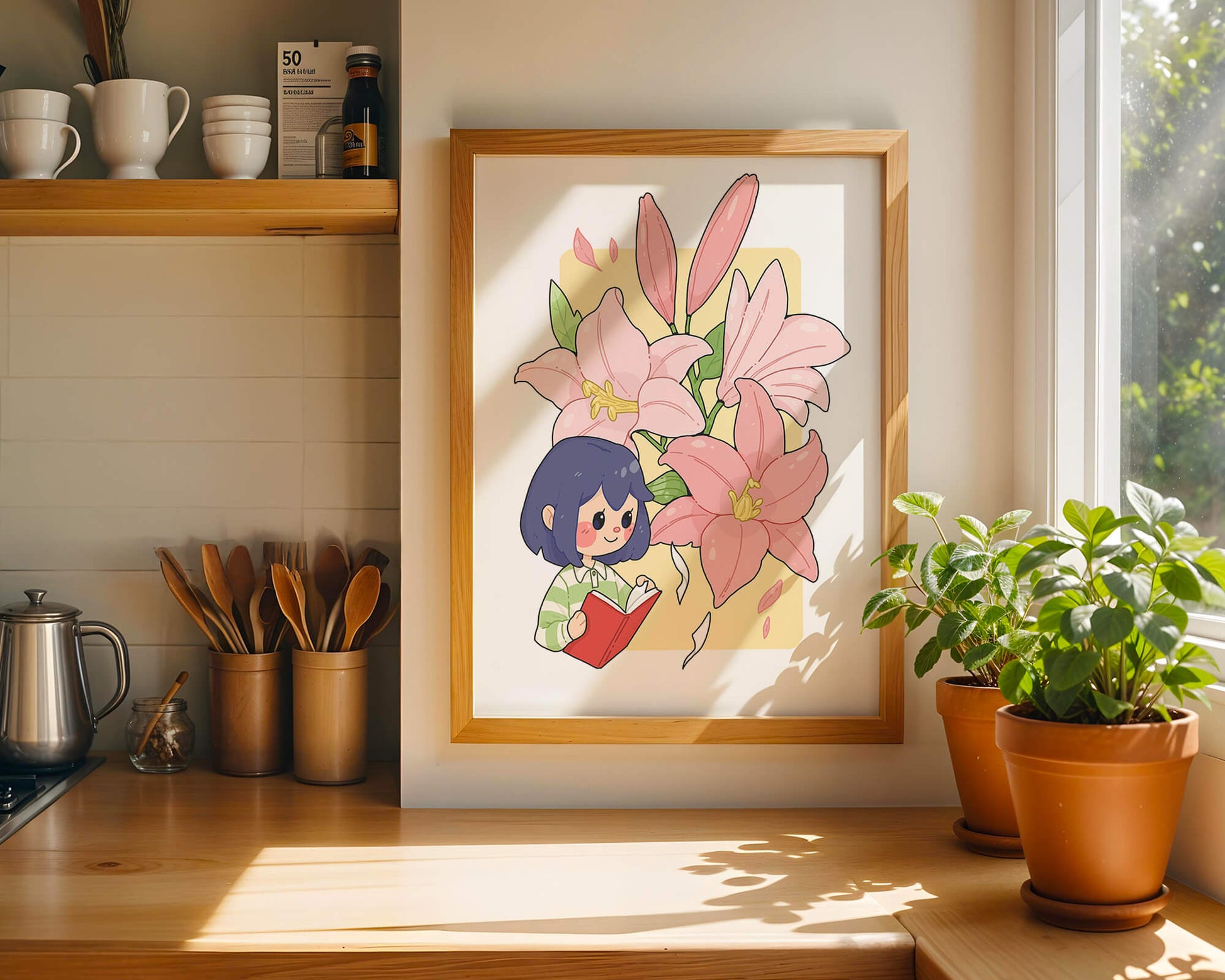 Illustration of a girl reading with large pink lilies in the background