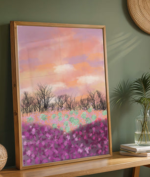 Paisaje sereno con campo floral vibrante y cielo pastel