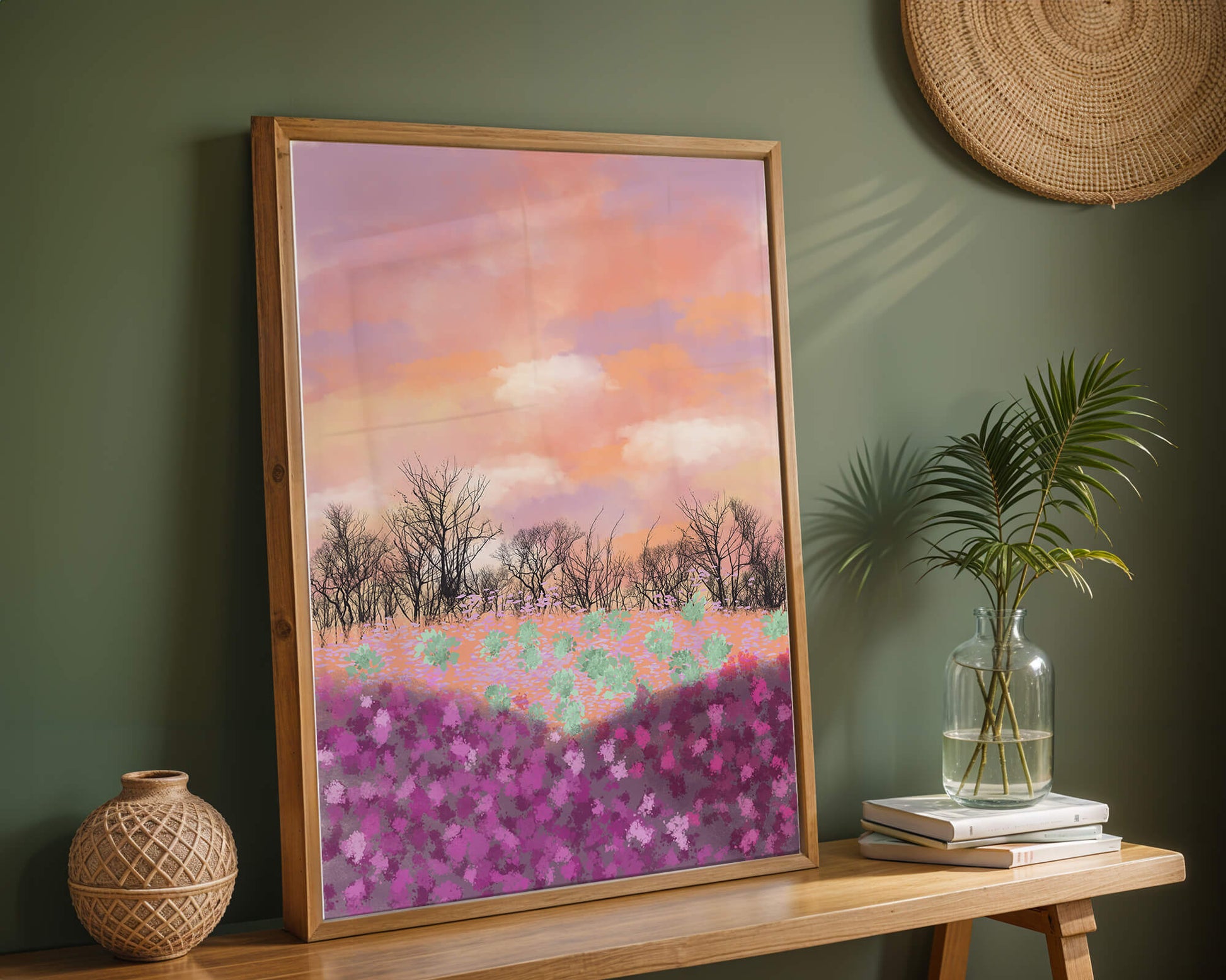 Paisaje sereno con campo floral vibrante y cielo pastel