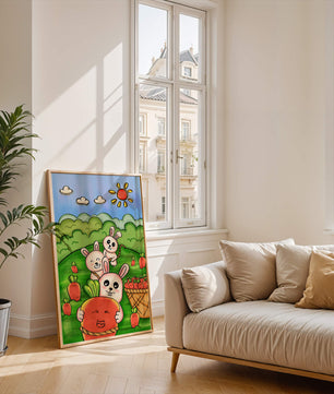 Illustration de lapins espiègles avec des carottes dans un champ ensoleillé