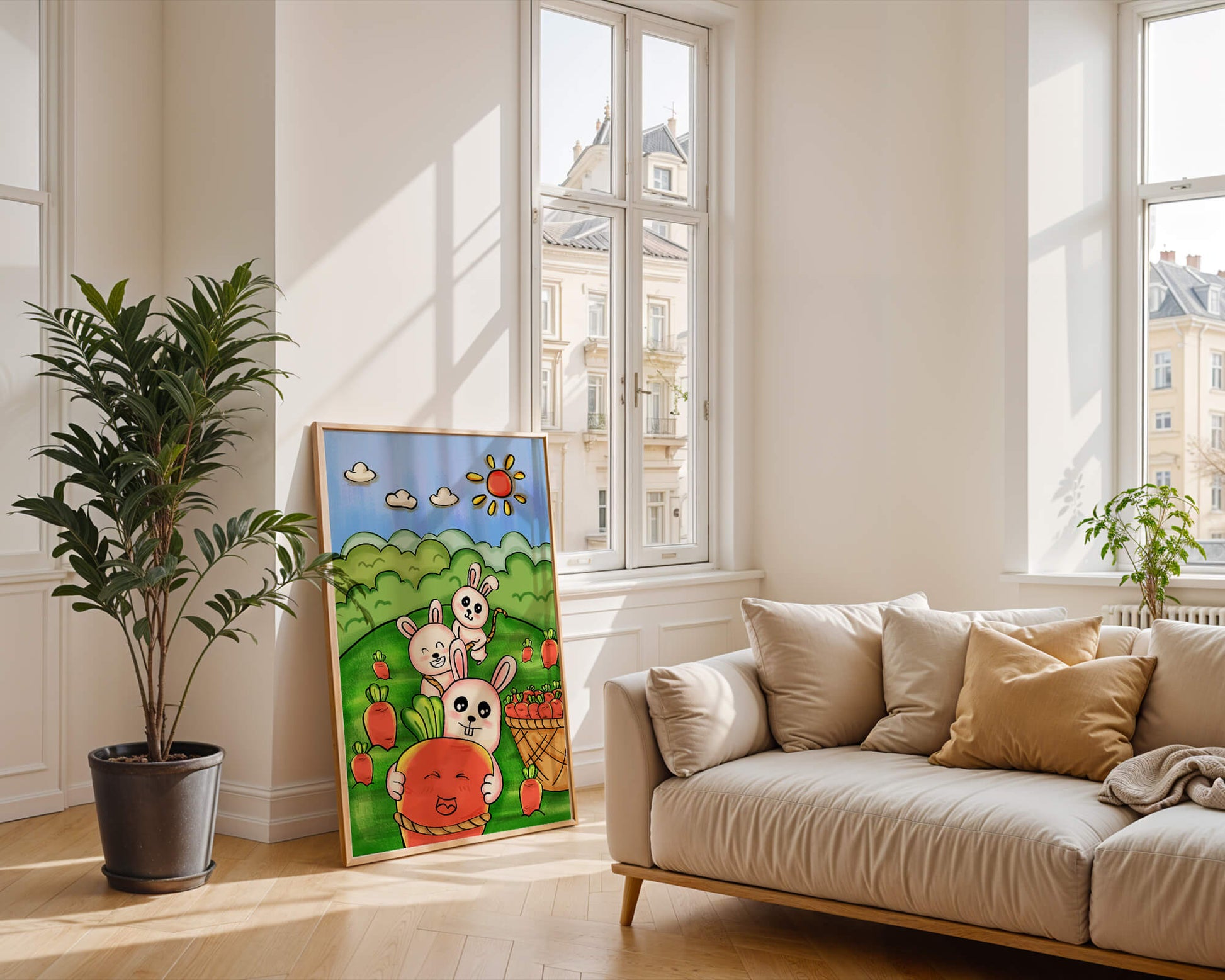 Illustration de lapins espiègles avec des carottes dans un champ ensoleillé