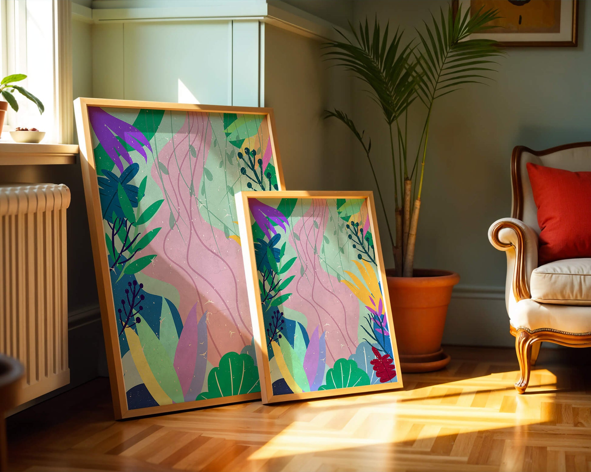 Abstract Botanic Composition with Vibrant Leaves and Shapes