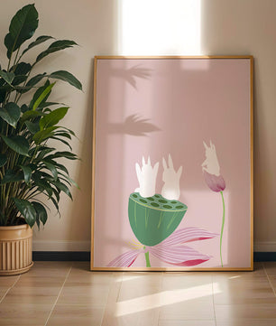 Whimsical Rabbits on Lotus with Pink Background