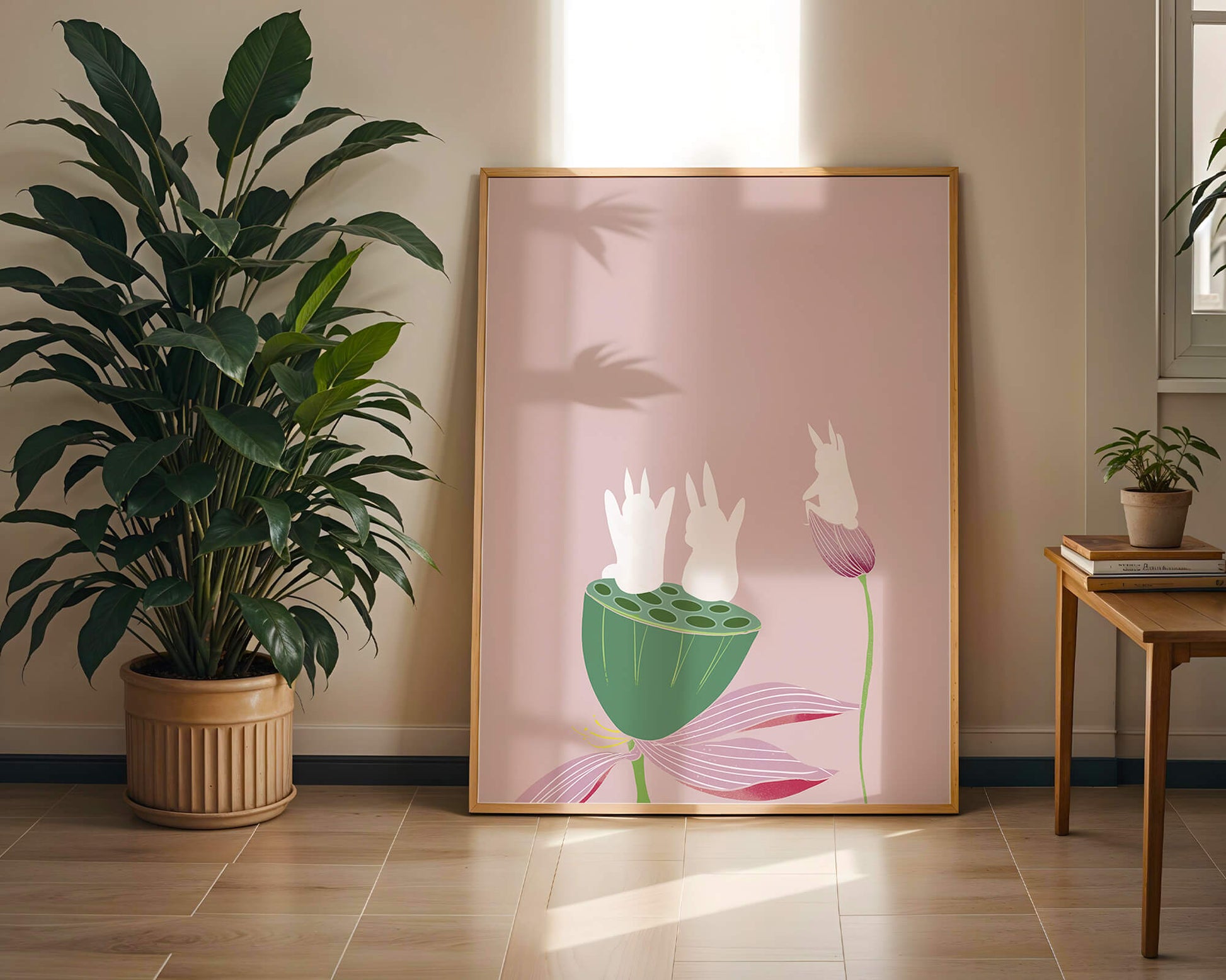 Whimsical Rabbits on Lotus with Pink Background
