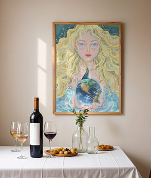 Fantasy artwork of woman holding earth with shimmering details
