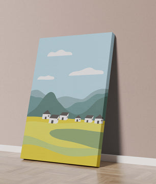 Pastoral Landscape with Mountains and Houses Under Blue Sky