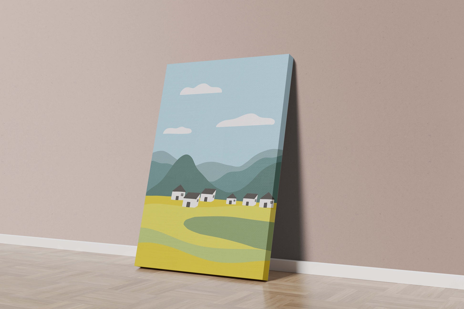 Pastoral Landscape with Mountains and Houses Under Blue Sky