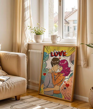 Ilustración de pop art romántico con pareja abrazándose y texto de amor