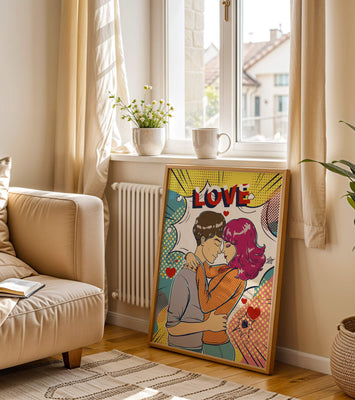 Romantic Pop Art Illustration with Embracing Couple and Love Text