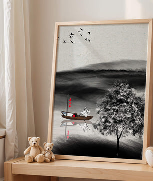 Voyage paisible en bateau dans un paysage serein avec oiseaux et arbre