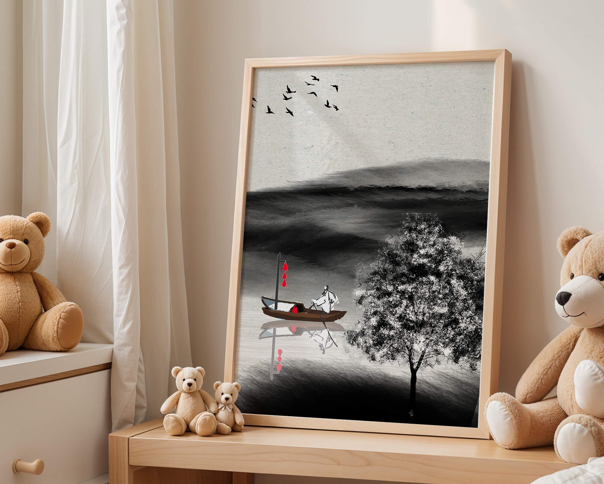 Tranquilo viaje en barco en un paisaje sereno con pájaros y árbol