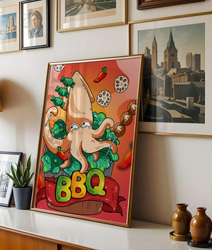 Calamar a la parrilla estilo caricatura peculiar con vegetales