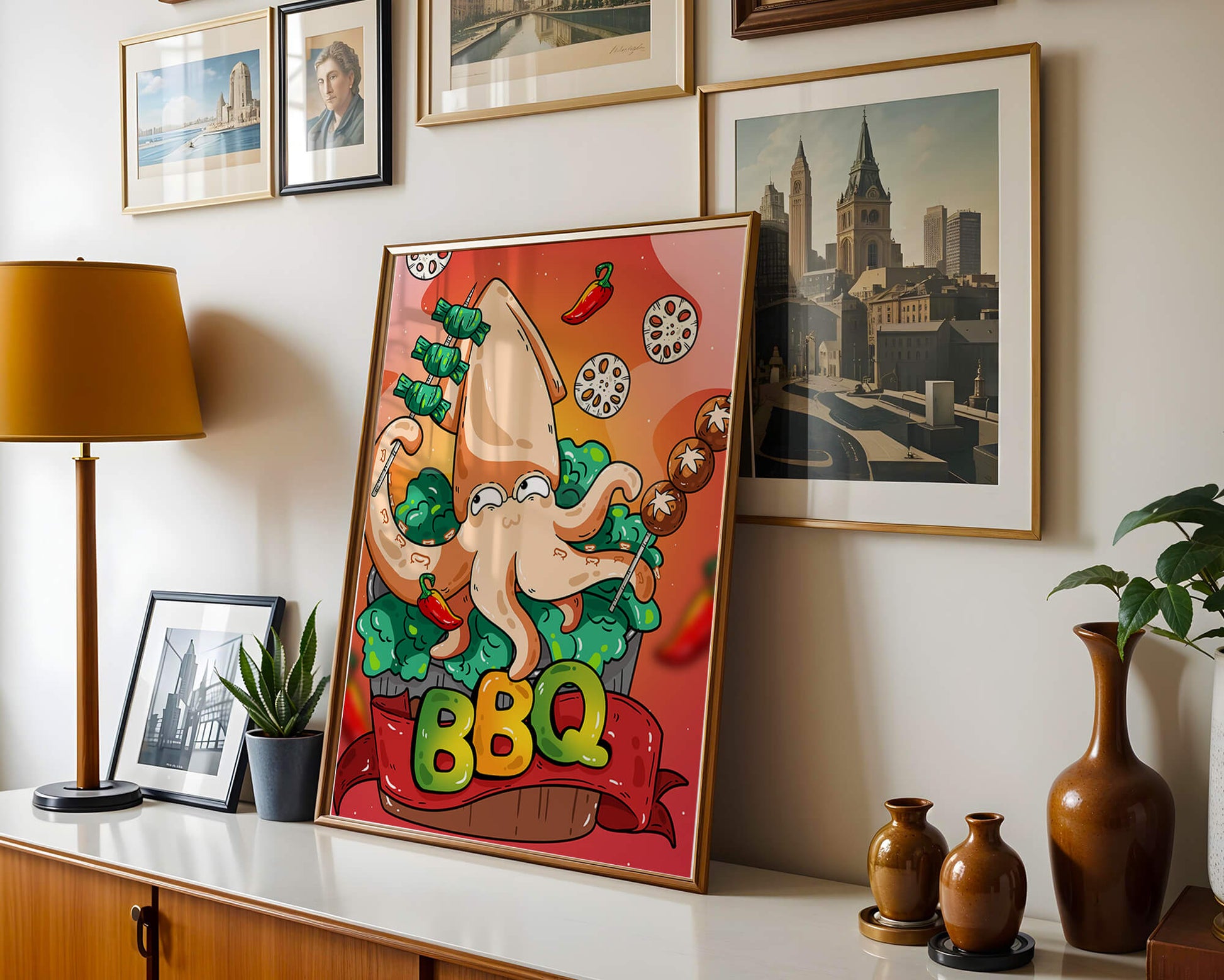 Quirky Cartoon Squid BBQ with Vegetables