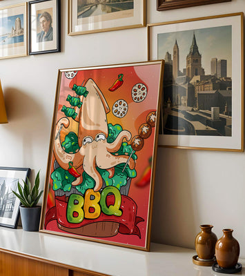 Quirky Cartoon Squid BBQ with Vegetables