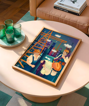 Illustrated construction workers on a high-rise building site