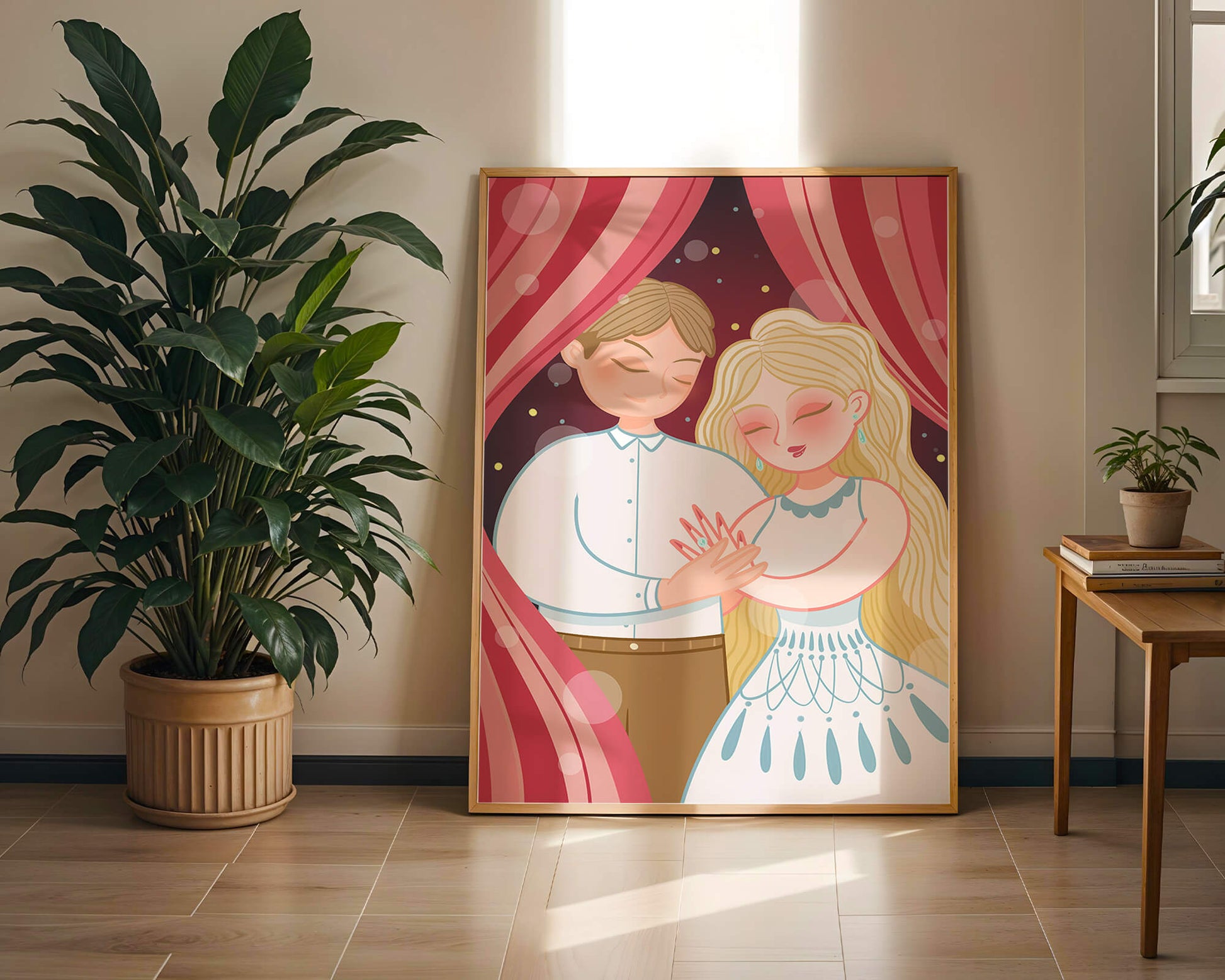 Romantic couple under red curtains with gentle embrace