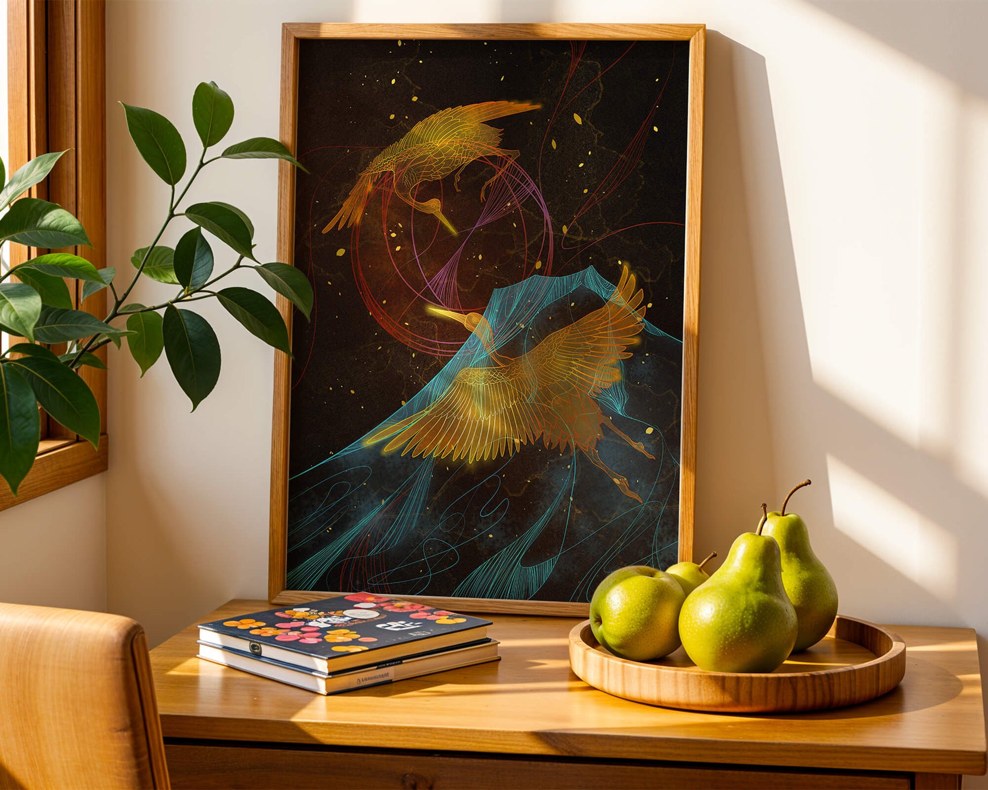 Elegant Cranes in Cosmic Dance with Golden and Blue Accents