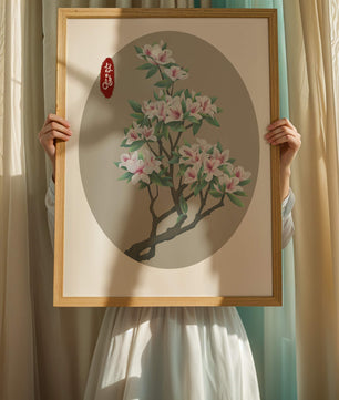 Obra floral delicada con magnolias en flor en estilo oriental
